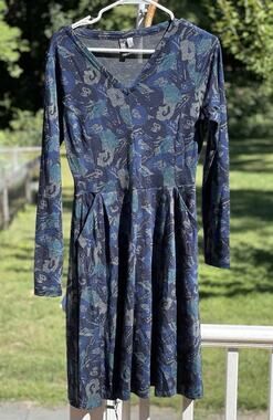 Ibex Wool V-Neck Dress Blue & Green Floral, Autumn, Size Small